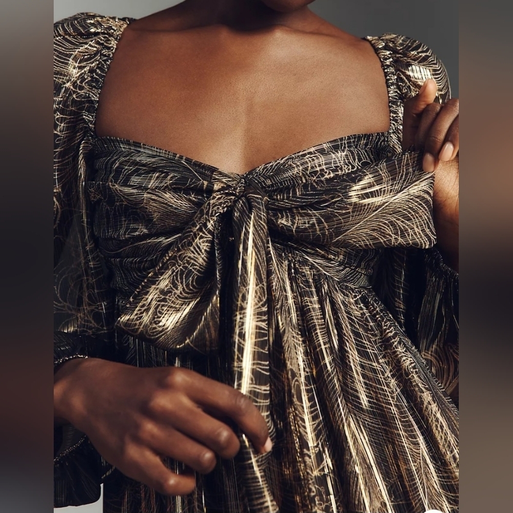 By Anthropologie Long-Sleeve Metallic Babydoll Midi Dress,XXS,XS &S, Gold&Black - Picture 3 of 16